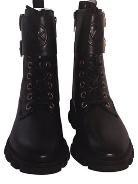 Michael Kors Black Leather Combat Boots Gold Hardware Lug Sole Moto Size 8